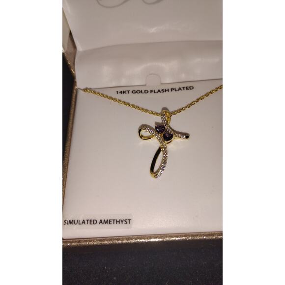 Brilliance 14K Gold Flash Simulated Amethyst CZ Cross Pendant Necklace 18” - Picture 2 of 4